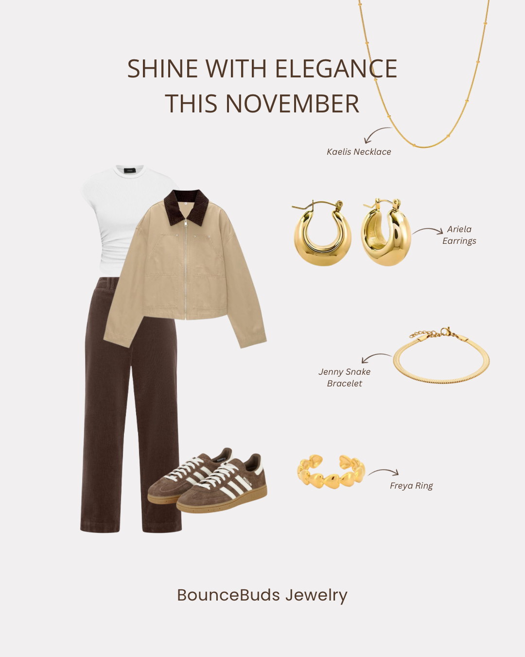 Woman wearing gold jewelry with a beige knit sweater and coffee cup in hand.