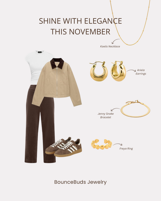 Woman wearing gold jewelry with a beige knit sweater and coffee cup in hand.